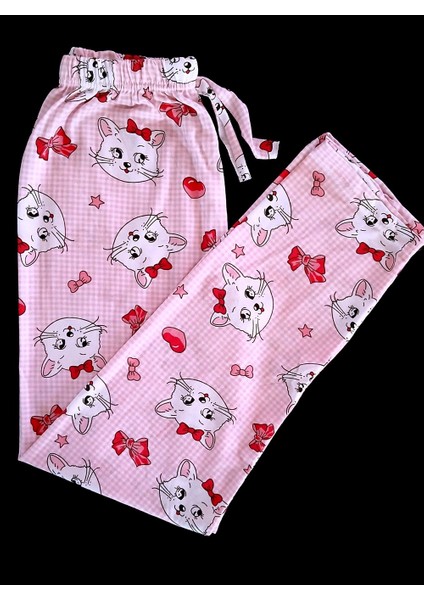 Pijama Alt Pembe Kumaş Üzerine Kurdaleli Sevimli Kedicik Desenli BK1000019