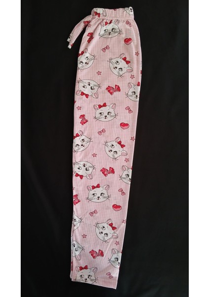 Pijama Alt Pembe Kumaş Üzerine Kurdaleli Sevimli Kedicik Desenli BK1000019