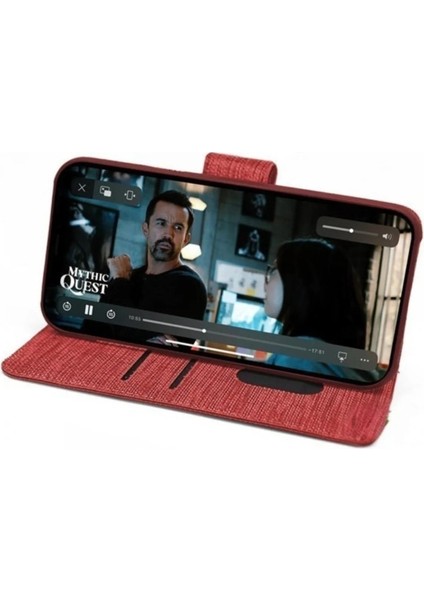 General Mobile GM21 Plus Uyumlu Kart ve Para Bölmeli Standlı Cüzdanlı Kılıf - Kırmızı