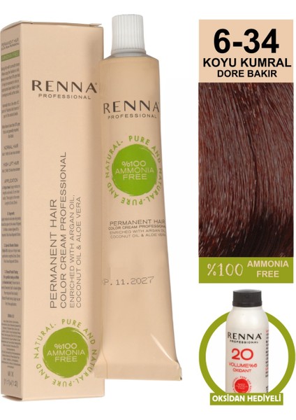 Amonyaksız Bitkisel Yıpranmış Saçlar İçin Saç Boyası 6-34 Koyu Kumral-Dore Bakır 60 ml