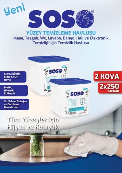 2 Adet x 250 Yaprak - Soso Kova Beyaz Sabun Kokulu Sirkeli Karbonatlı Yüzey Temizleme Mendili Dpmah