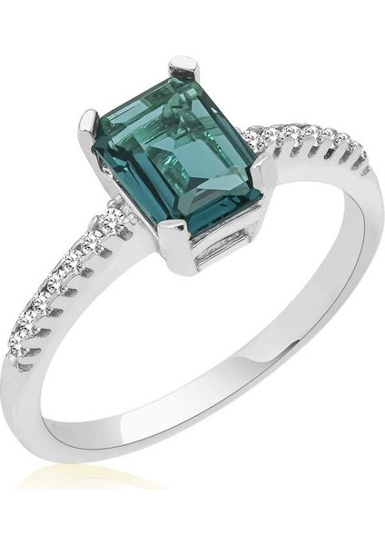 Gümüş Koyu Yeşil Baget Taşlı Kadın Yüzük