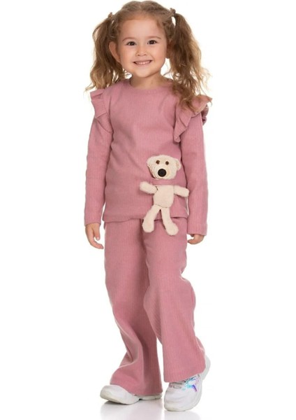 Kız Çocuk Gül Kurusu Ayıcık Detaylı Şardonlu Takım