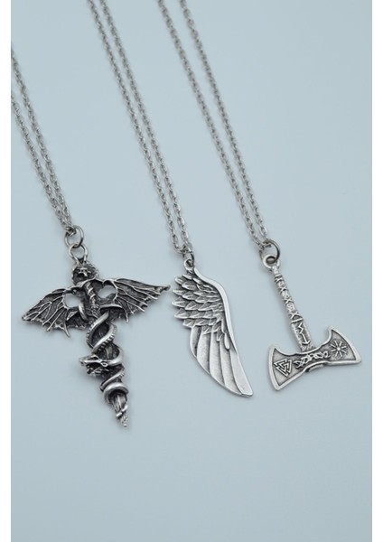 3'lü Kılıç, Yarasa, Yılan ve Viking Balta Kolye Seti, Silver, KOD:1215