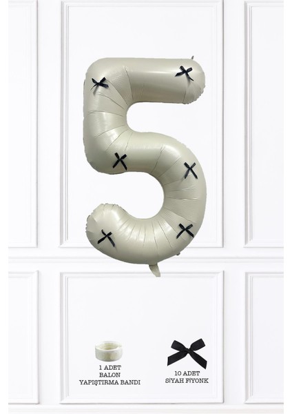 Siyah Fiyonklu Retro Krem Rakam Balon 80 cm Siyah Kurdeleli