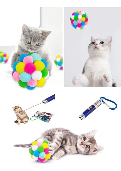 Ponponlu ve Çıngıraklı 7cm Kedi Topu + Lazer Oyuncak 1+1