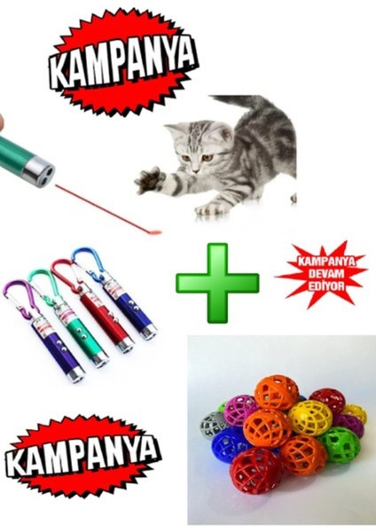 Renkli Kedi Oyuncak Zilli Top ve Lazer Seti, Eğlence Dolu 2'li Paket