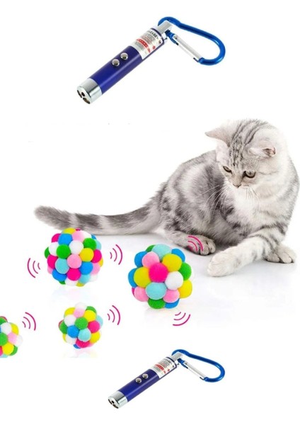 Ponponlu ve Çıngıraklı 7cm Kedi Topu + Lazer Oyuncak 1+1