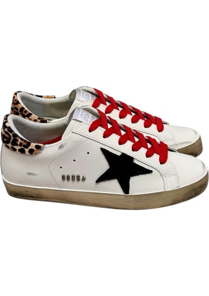 Golden Goose Super-Star Sneakers With Leopard-Print Heel Tab And Red Laces - Kadın Ayakkabı