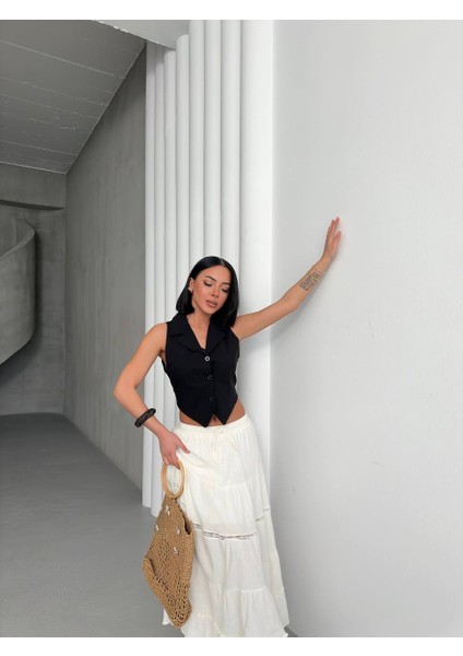 Arkadan Bağlamalı Siyah Keten Yelek