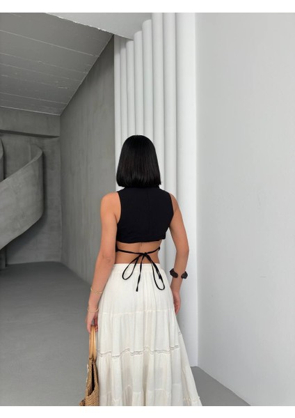 Arkadan Bağlamalı Siyah Keten Yelek modelleri