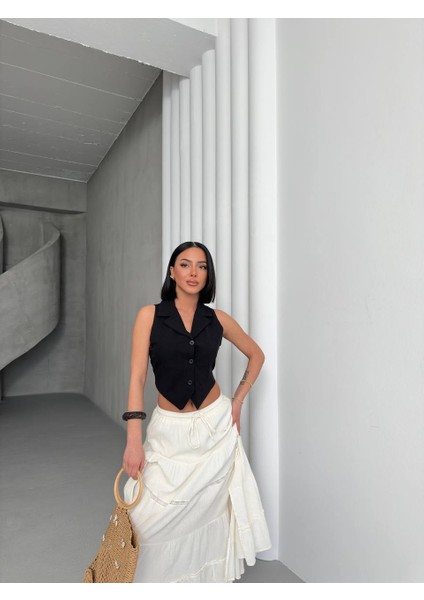 Arkadan Bağlamalı Siyah Keten Yelek fırsatları