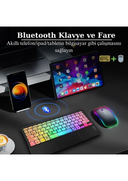 Rgb Renkli Aydınlatmalı Kablosuz Bluetooth Mouse Klavye Seti Slim Tablet Telefon Uyumlu