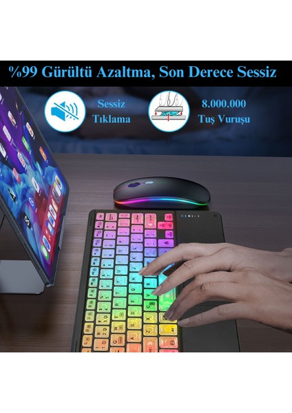 Rgb Renkli Aydınlatmalı Kablosuz Bluetooth Mouse Klavye Seti Slim Tablet Telefon Uyumlu