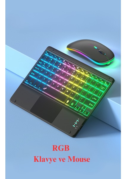 Rgb Renkli Aydınlatmalı Kablosuz Bluetooth Mouse Klavye Seti Slim Tablet Telefon Uyumlu