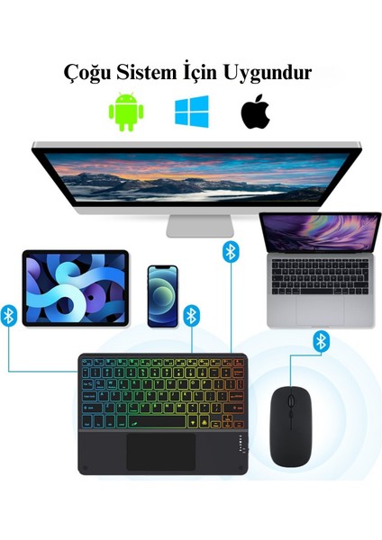 Rgb Renkli Aydınlatmalı Kablosuz Bluetooth Mouse Klavye Seti Slim Tablet Telefon Uyumlu