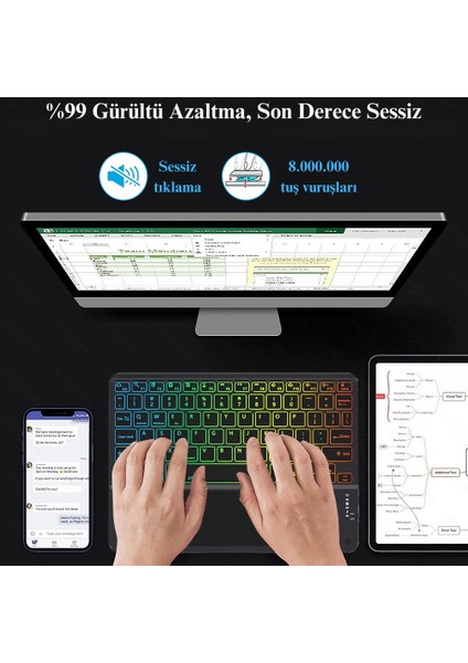 Rgb Renkli Aydınlatmalı Kablosuz Bluetooth Mouse Klavye Seti Slim Tablet Telefon Uyumlu