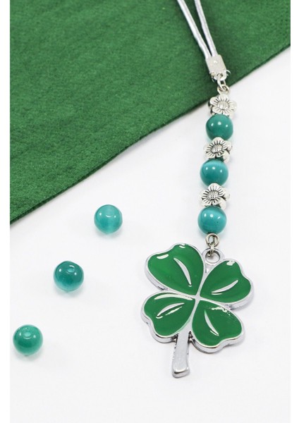 Turkuaz Doğal Taşlı Dört Yapraklı Şans Yoncası Araba Dikiz Ayna Süsü, Yeni Araba Hediyesi