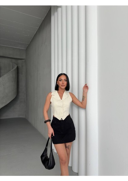 Arkadan Bağlamalı Bej Keten Yelek fiyatları