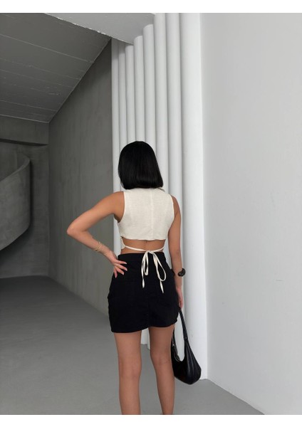 Arkadan Bağlamalı Bej Keten Yelek modelleri