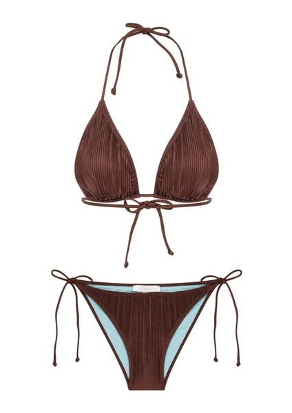Piliseli Saten Acı Kahve Üçgen Bikini Takım