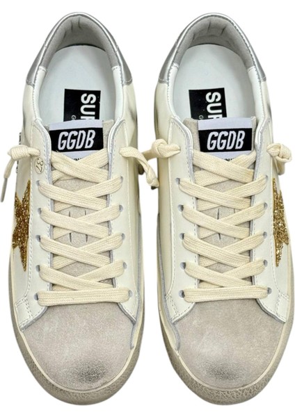 Women's Golden Goose Super-Star With Gold Glitter Star And Ice-Gray Suede Inserts - Kadın Ayakkabı