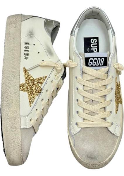 Women's Golden Goose Super-Star With Gold Glitter Star And Ice-Gray Suede Inserts - Kadın Ayakkabı fiyatları