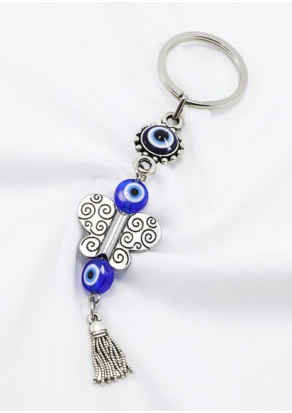 Çerçeveli Nazar Püsküllü Kelebek Anahtarlık, Hediyelik Nazar Boncuklu Çanta Süsü