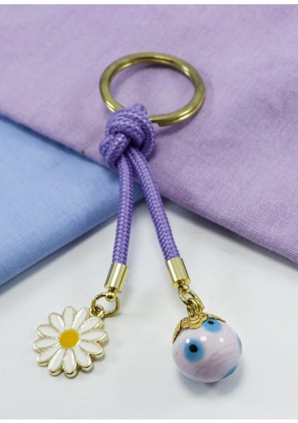Mor Cam Nazar Boncuklu Papatyalı Anahtarlık, Hediyelik Cam Boncuklu Çanta Süsü