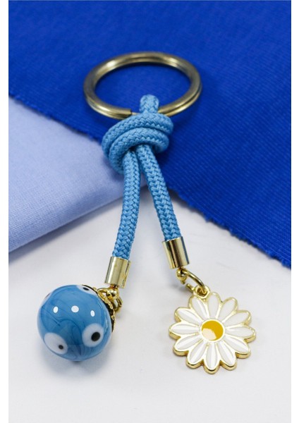 Mavi Cam Nazar Boncuklu Papatyalı Anahtarlık, Hediyelik Cam Boncuklu Çanta Süsü