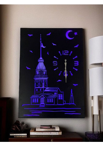 Kız Kulesi Saat'li Metal Duvar TABLO Led'li 1 MT USB Giriş Kablo
