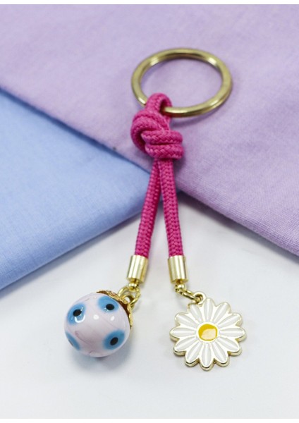 Pembe Cam Nazar Boncuklu Papatyalı Anahtarlık, Hediyelik Cam Boncuklu Çanta Süsü