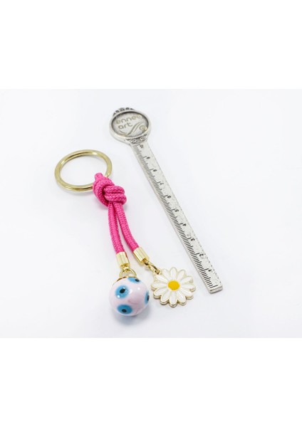 Pembe Cam Nazar Boncuklu Papatyalı Anahtarlık, Hediyelik Cam Boncuklu Çanta Süsü indirimleri