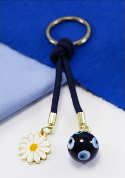 Lacivert Cam Nazar Boncuklu Papatyalı Anahtarlık, Hediyelik Cam Boncuklu Çanta Süsü
