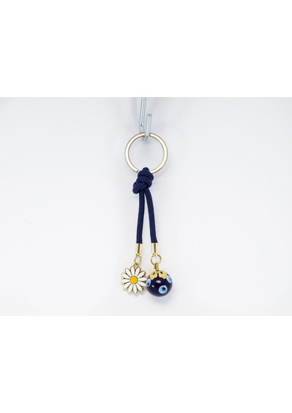 Lacivert Cam Nazar Boncuklu Papatyalı Anahtarlık, Hediyelik Cam Boncuklu Çanta Süsü modelleri