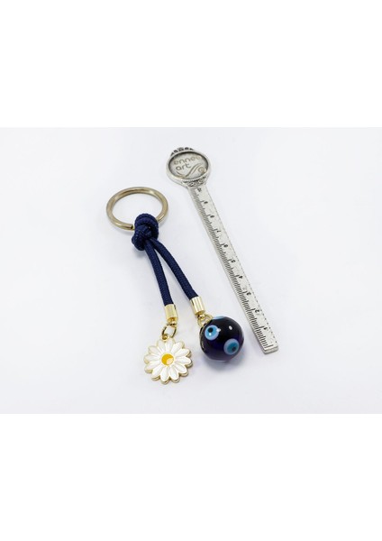 Lacivert Cam Nazar Boncuklu Papatyalı Anahtarlık, Hediyelik Cam Boncuklu Çanta Süsü indirimleri