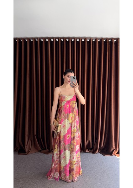 Baskılı Ince Askılı Renkli Elbise