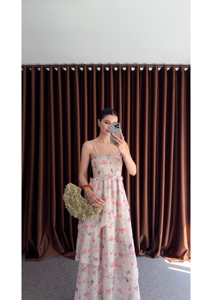 Şifon Katlı Dijital Elbise