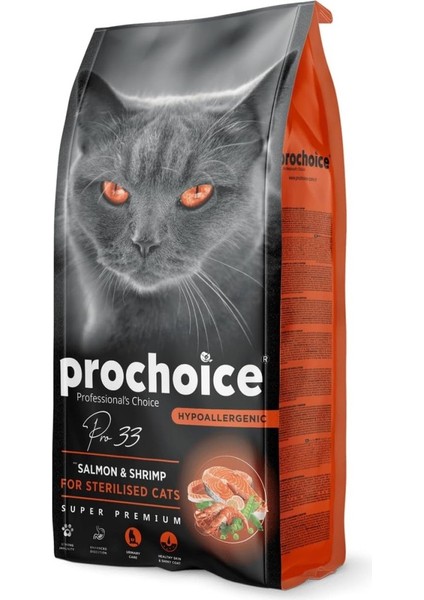 Prochoice Pro 33, Kısırlaştırılmış Kediler Için, Hipoalerjenik, Somon Balıklı ve Karidesli Kuru Mama, 2 kg