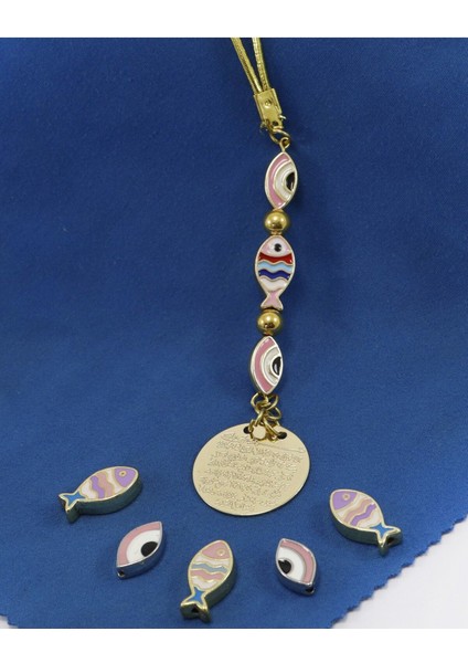 Küçük, Renkli Balık Elips Nazarlı Metal Ayetel Kürsi Araba Dikiz Ayna Süsü, Gold Renkli