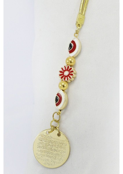 Küçük,elips Nazar Boncuklu Çerçeveli Çiçek Metal Ayetel Kürsi Araba Dikiz Ayna Süsü, Gold Renkli