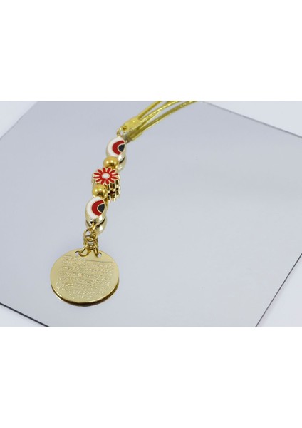 Küçük,elips Nazar Boncuklu Çerçeveli Çiçek Metal Ayetel Kürsi Araba Dikiz Ayna Süsü, Gold Renkli indirimleri