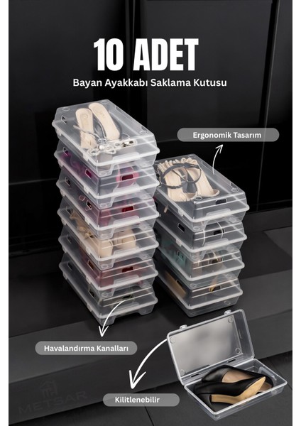 10 Adet Şeffaf Bayan Ayakkabı Saklama Kutusu-Düzenleyicisi
