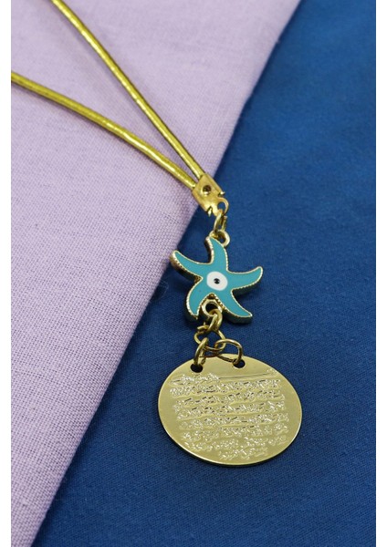 Mavi Deniz Yıldızı Metal Ayetel Kürsi Araba Dikiz Ayna Süsü, Gold Renkli