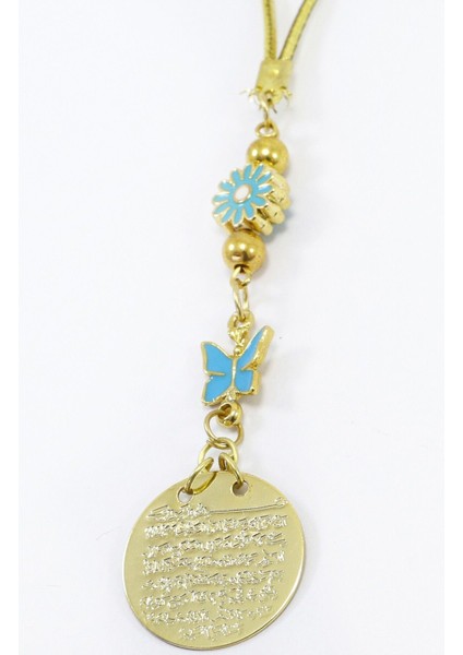 Küçük Çiçekli Kelebek Metal Ayetel Kürsi Araba Dikiz Ayna Süsü, Gold Renkli