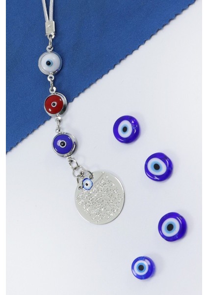 Çerçeveli Renkli Nazar Boncuklu Metal Ayetel Kürsi Araba Dikiz Ayna Süsü, Gümüş Renkli