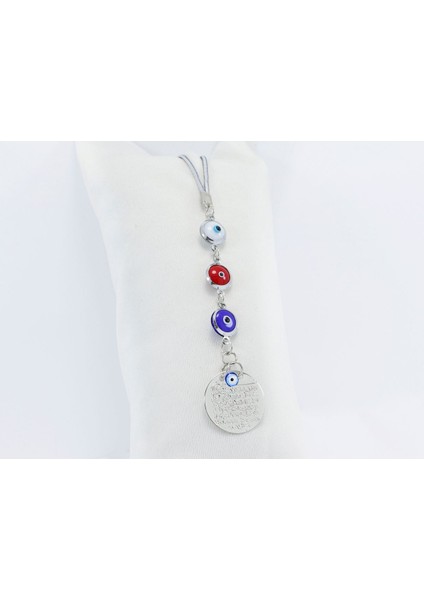 Çerçeveli Renkli Nazar Boncuklu Metal Ayetel Kürsi Araba Dikiz Ayna Süsü, Gümüş Renkli fiyatları