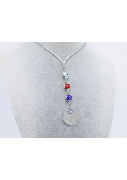 Çerçeveli Renkli Nazar Boncuklu Metal Ayetel Kürsi Araba Dikiz Ayna Süsü, Gümüş Renkli fırsatları