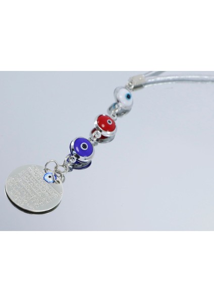 Çerçeveli Renkli Nazar Boncuklu Metal Ayetel Kürsi Araba Dikiz Ayna Süsü, Gümüş Renkli indirimleri