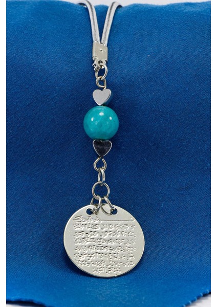 Küçük Kalpli Turkuaz Doğal Taşlı Metal Ayetel Kürsi Araba Dikiz Ayna Süsü, Gümüş Renkli